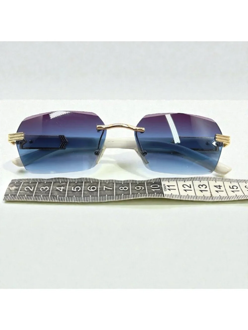 Blue Purple Lens Sunglasses Gold White Frame Y2K Luxe Glam Festival Shades